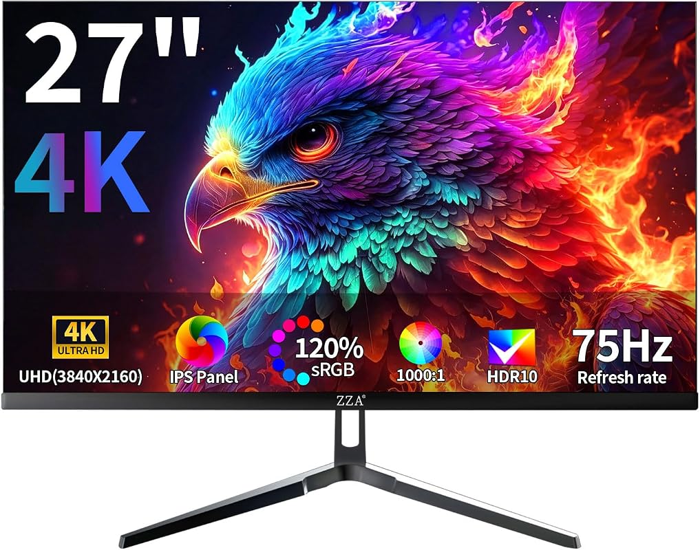 ZZA 27-inch 4K UHD Monitor, HDR10, Multiple Ports, and Wall Mountable